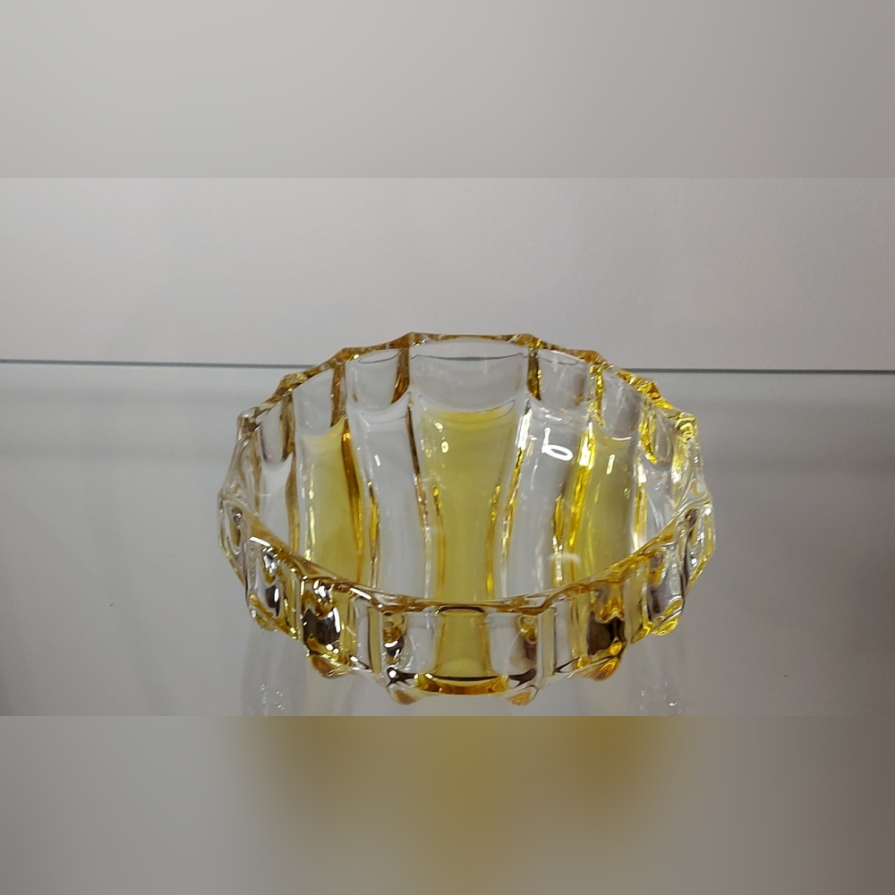 Art Deco MCM Citrine Yellow Bowl, French Barware, Ribbed Heavy Glass Bowl